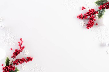 Noel konsepti. Beyaz arka planda kar taneleri ve kırmızı böğürtlenli Noel balosu manzarası.