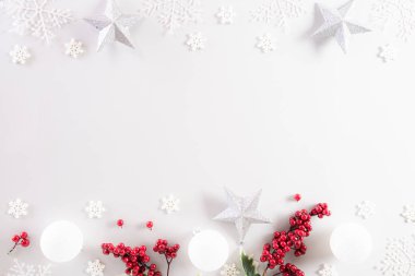 Noel konsepti. Beyaz arka planda kar taneleri ve kırmızı böğürtlenli Noel balosu manzarası.