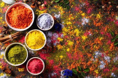 Holi festivali kutlaması. Geleneksel Hint Holi renkleri pudra