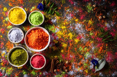 Holi festivali kutlaması. Geleneksel Hint Holi renkleri pudra