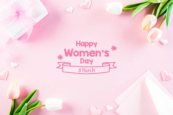 International Women's Day concept. Pink and white tulips with gi — 스톡 사진