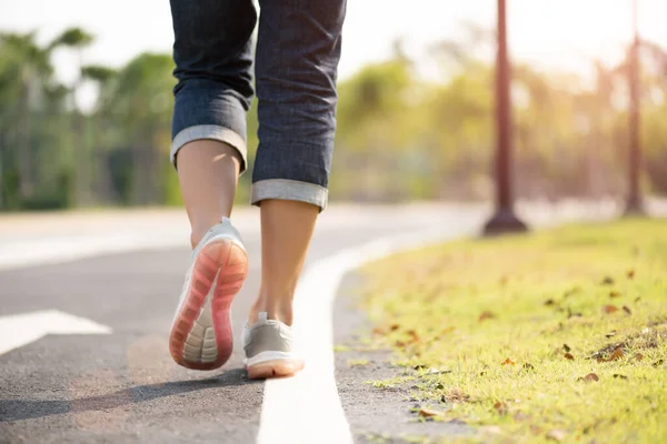 Closeup Woman Walking Road Side Step Walk Concept — Stock Photo, Image