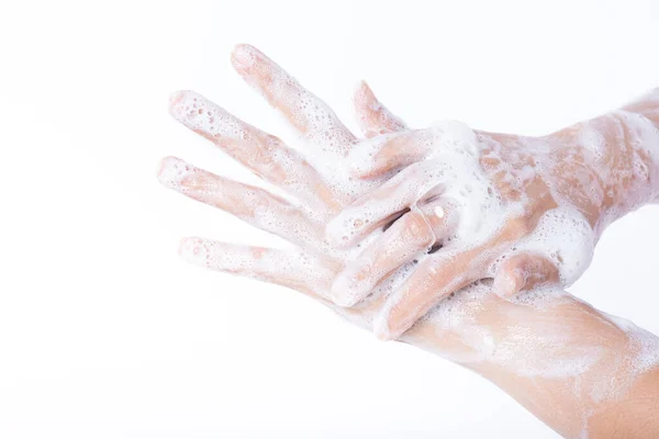 Close Vrouw Wassen Handen Met Zeep Witte Achtergrond Gezondheidszorg Desinfectie — Stockfoto