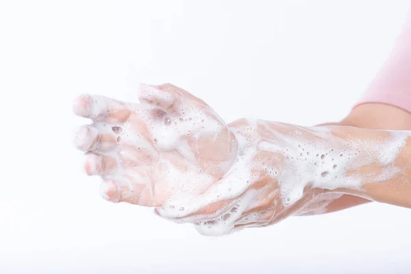 Close Vrouw Wassen Handen Met Zeep Witte Achtergrond Gezondheidszorg Desinfectie — Stockfoto