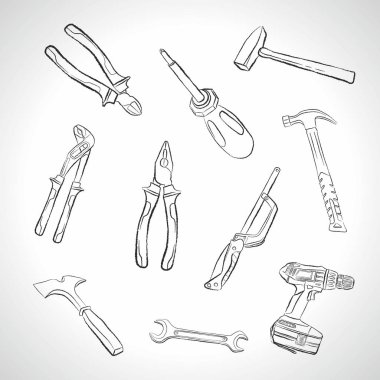 Work DIY tools. Vector manual tools Repair Icons. Vector set of hand-drawn instruments on white background. clipart