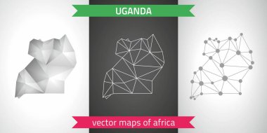 Uganda set gri ve gümüş mozaik 3d poligonal haritalar. Grafik vektör üçgen geometrisi anahat gölge perspektif haritalar