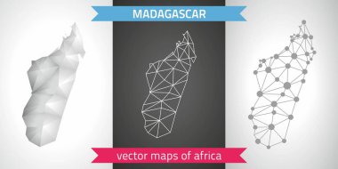 Madagaskar set gri ve gümüş mozaik 3d poligonal haritalar. Grafik vektör üçgen geometrisi anahat gölge perspektif haritalar