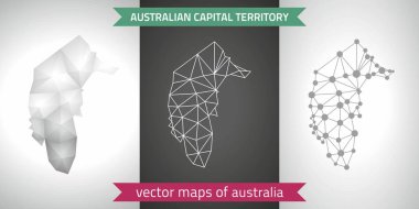 Gri ve gümüş Avustralya Başkent Bölgesi kümesi mozaik 3d poligonal haritalar. Grafik vektör üçgen geometrisi anahat gölge perspektif haritalar