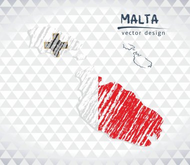 Malta vektör harita içinde bayrak ile beyaz bir arka plan üzerinde izole. Kroki tebeşir el çizilen illüstrasyon