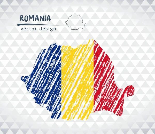 Vektorová Mapa Rumunsko Vlajkou Uvnitř Izolované Bílém Pozadí Skica Křídou — Stockový vektor