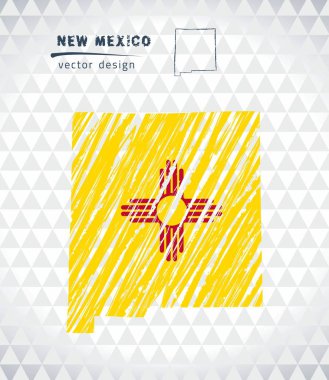 New Mexico vektör harita içinde bayrak ile beyaz bir arka plan üzerinde izole. Kroki tebeşir el çizilen illüstrasyon