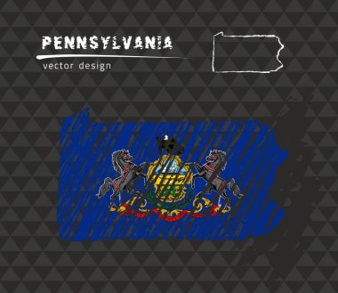 Siyah arka plan üzerine içinde bayrak ile Pennsylvania harita. Sketch vektör çizim tebeşir