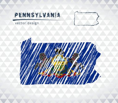 Pennsylvania vektör harita içinde bayrak ile beyaz bir arka plan üzerinde izole. Kroki tebeşir el çizilen illüstrasyon