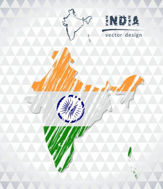 Hindistan vektör harita içinde bayrak ile beyaz bir arka plan üzerinde izole. Kroki tebeşir el çizilen illüstrasyon