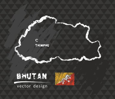 Bhutan Haritası, siyah arka plan üzerine çizim vektör kalem