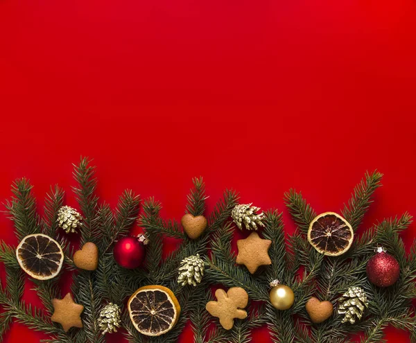 На красном фоне зеленые елки, украшенные рождественскими пряниками, золотыми конусами, апельсинами и шариками — стоковое фото