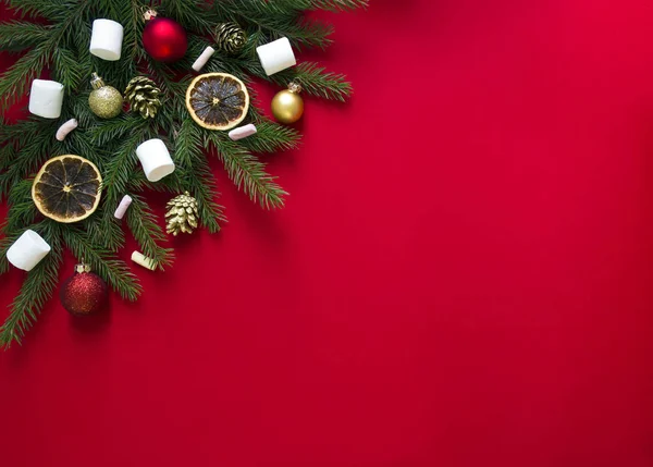 На красном фоне зеленых еловых ветвей, украшенных рождественскими пряниками, золотыми конусами, апельсинами, зефиром и шариками — стоковое фото