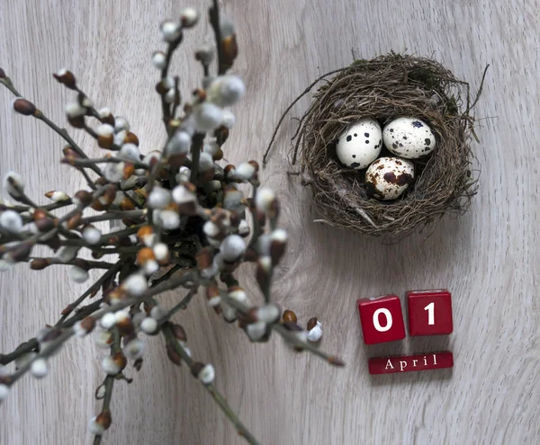 Egy fából készült asztal fekszik egy fészek tojással, és áll egy váza, fűzfa ág naptár húsvéti kockák április — Stock Fotó