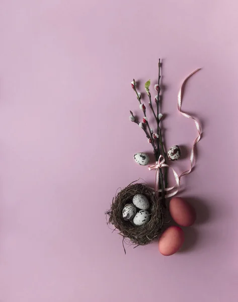 On a pink background willow branches blossomed green sheet eggs quail chicken nest with three eggs color top view ribbon bow pink — Stock Photo, Image