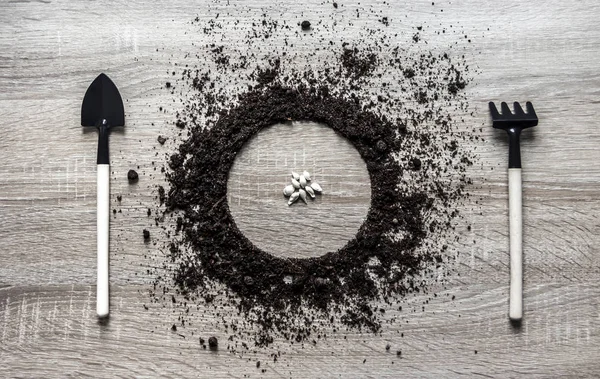 Concepto de fondo de madera suelo apilado círculo plato cuchara tenedor horquilla rastrillo textura plantación centro semillas primavera horizontal — Foto de Stock