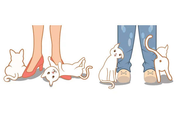 Mignon chat frotter contre propriétaire jambes et pieds — Image vectorielle