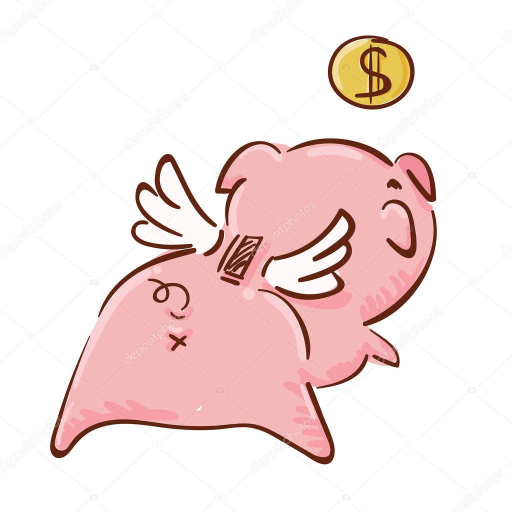 cute pink piggy bank with golden coin