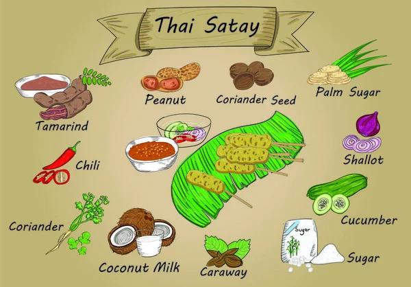 Handzeichnung Illustration Vektor Von Thailändischem Gericht Satay Mit Einigen Rezepten — Stockvektor