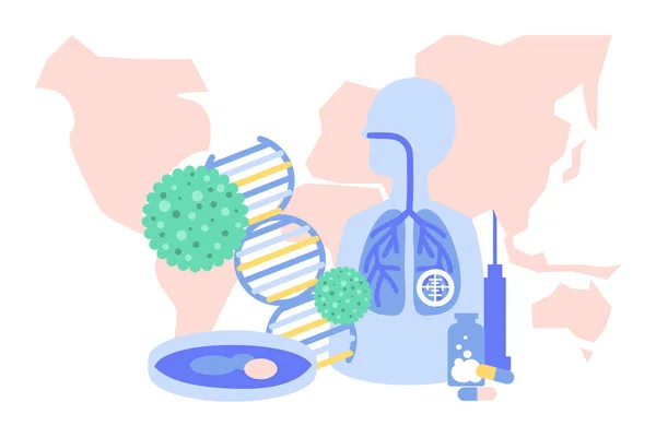 infographic illustration of world map with culture tray, vaccine, virus and DNA : conceptual to show the world is seeking the way to cure novel Coronavirus, corona virus crisis