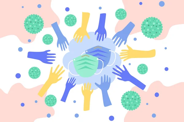 Many Hands Reach Out Face Mask Pollution Particle Virus Spread — Stok Vektör