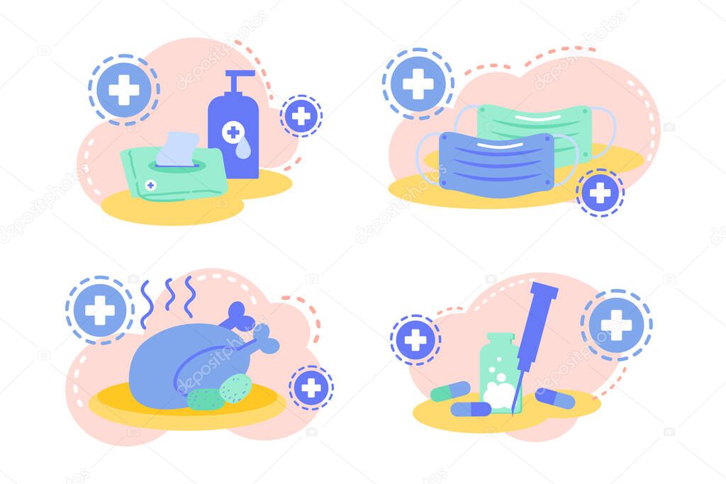 flat art design icon set of flu prevention methods , face mask, hand sanitizer, vaccine shot, well cooked food
