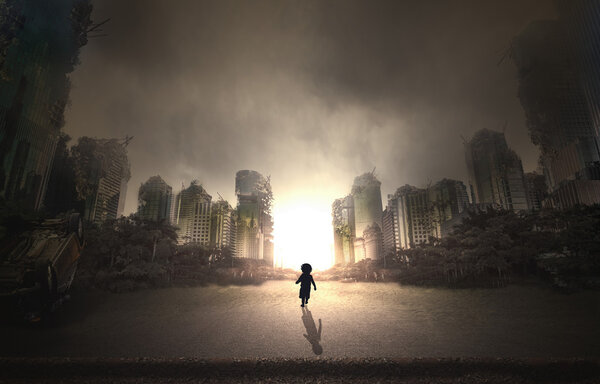 Destroyed city and walking child