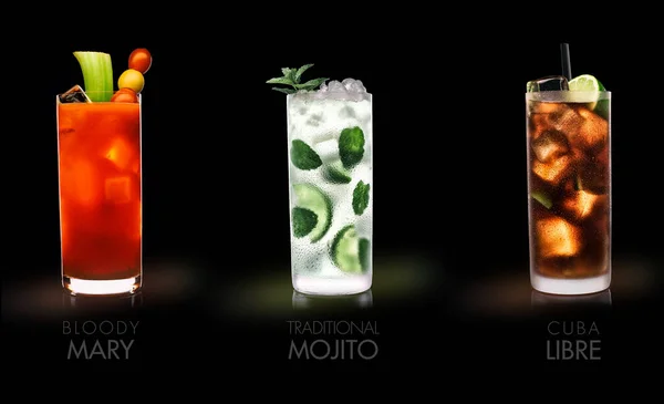 Bebidas Famosas Bloody Mary Mojito Cuba Libre Backgro Negro —  Fotos de Stock