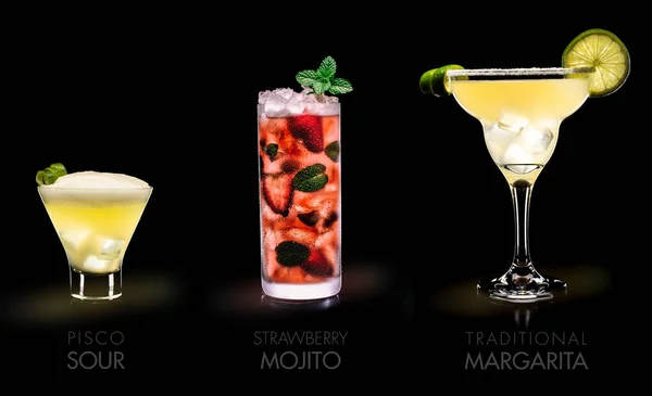 Знаменитые Напитки Pisco Sour Mojito Strawberry Margarita Blac — стоковое фото
