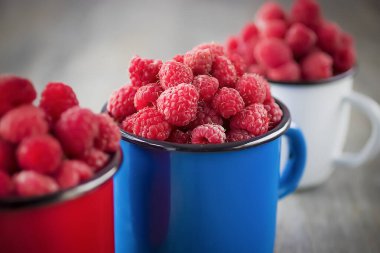 Gri arka planda mavi, kırmızı ve beyaz metal kupalarla olgun organik ahududular. Yumuşak odak.