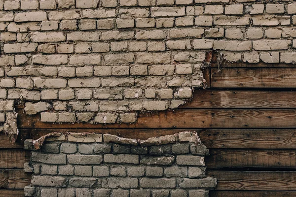 Batu bata tua, papan kayu, latar belakang, pola — Stok Foto