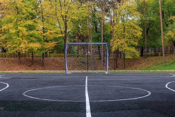 Gol sepak bola di lapangan bermain di udara terbuka di latar belakang pohon musim gugur — Stok Foto