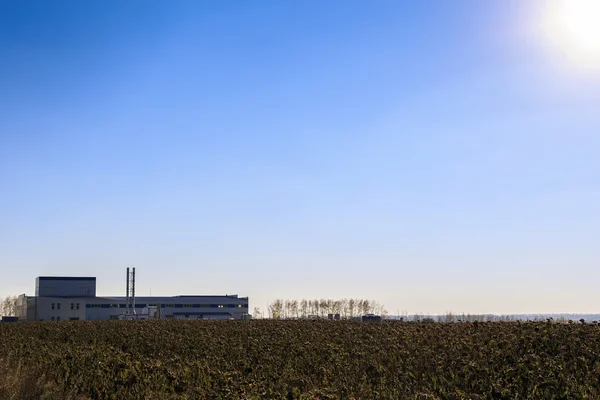 Сельскохозяйственный завод на фоне ясного неба и поля на переднем плане — стоковое фото