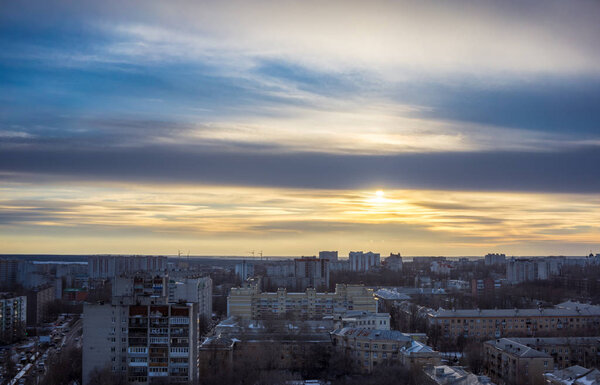 Top view from roof at Voronezh cityscape sunset, hdr photo, city, buildings at dramatic sky background, copy space