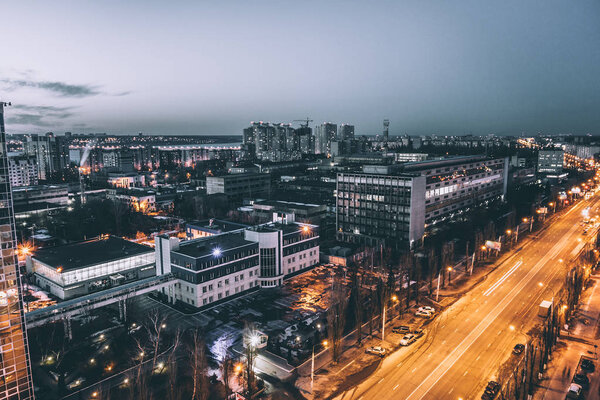 Urban landscape, Voronezh city in dramatic moody tones and cold colours, night cityscape from rooftop