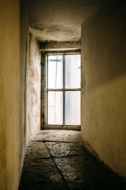 Empty curve corridor and  large window on the whole wall instead of door, perspective, vertical image clipart