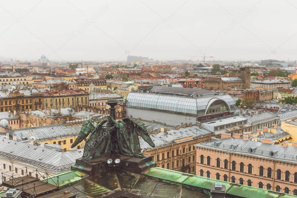 View from the roof, colonnade of St. Isaac's Cathedral in St. Petersburg on a cloudy rainy day