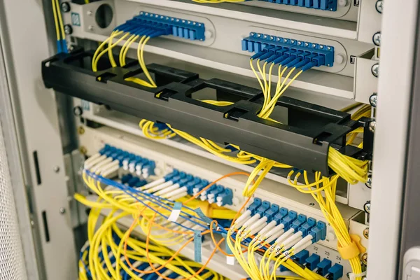 Cavi di rete collegati a porte switch in armadi datacenter, apparecchiature hardware per server web o cellulari — Foto Stock