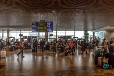 Moskova, Rusya - 29 Mayıs 2017: Domodedovo Havaalanı yolcu ile iç içeride. Havaalanı Bagaj yolcuların giriş içinde ön kontrol incelemesi