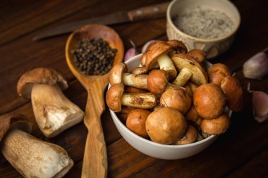 Ingredients for mushroom soup: fresh porcini mushrooms in plate, spices and salt  on wooden rustic background clipart