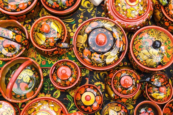 Російський дерев'яної посудом, традиційні російські ручної роботи сувенір, вид зверху — стокове фото