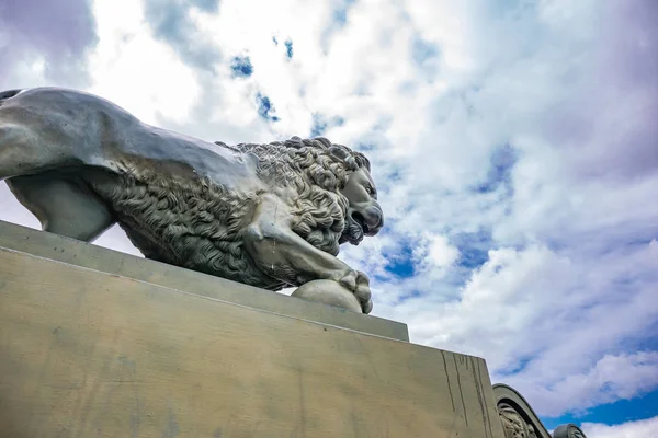 Estátua de leão no fundo do céu, localizada em São Petersburgo — Fotografia de Stock