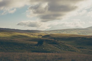Güzel dağ manzarası. Yeşil tepeler ve mavi gökyüzü beyaz bulutlar ile