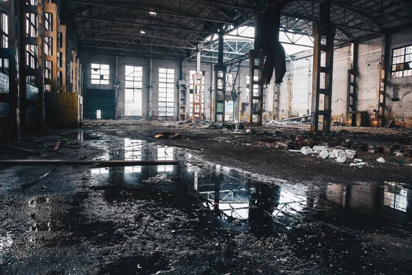 Abandoned ruined industrial factory building, ruins and demolition concept