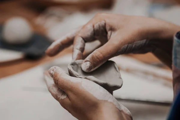 Female potter works with clay, craftsman hands close up — Stock Photo, Image