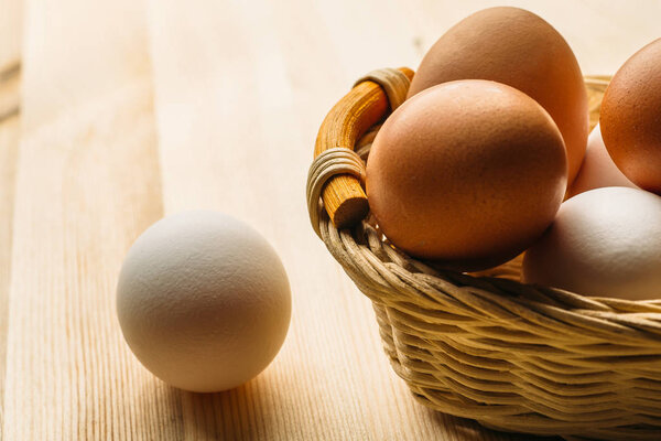 Easter eggs in wooden basket, close up